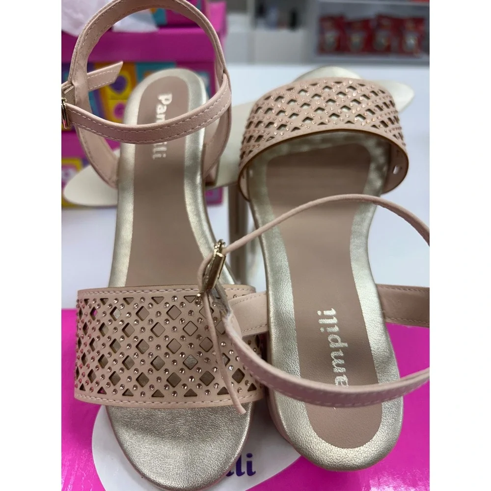 Pampili Girls Pink Laser Cut Rhinestone Dress Sandals Low Block Heel Metallic